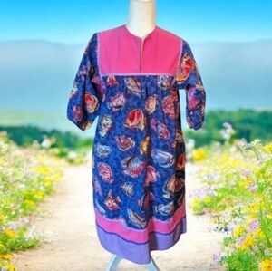 Vtg 70s Tropical Print Colorful Fish Purple Caftan Dress Krist Gudnason CA sz S